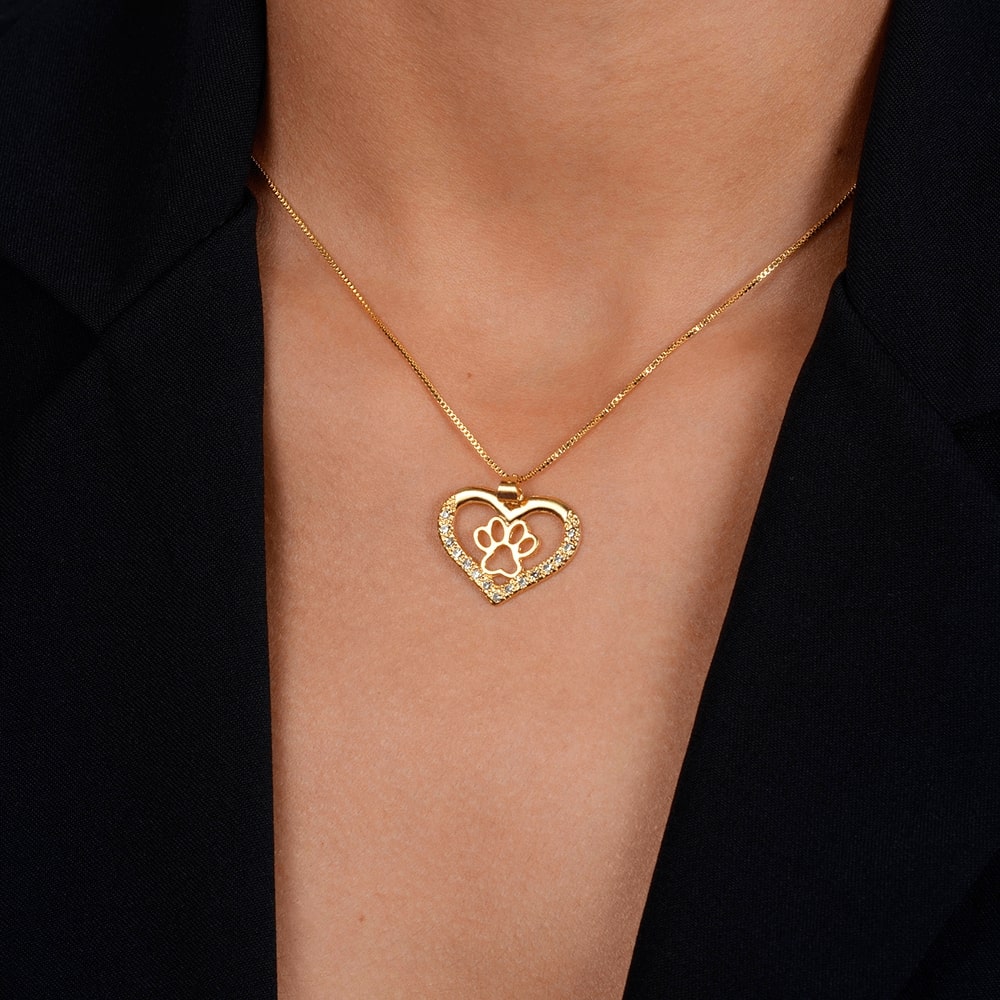 Colar Dourado Chocker de Coração e Pata Pet Zircônia - Galeria
