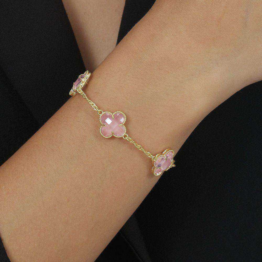 Pulseira Dourada Trevos Zircônia Rosa - Galeria
