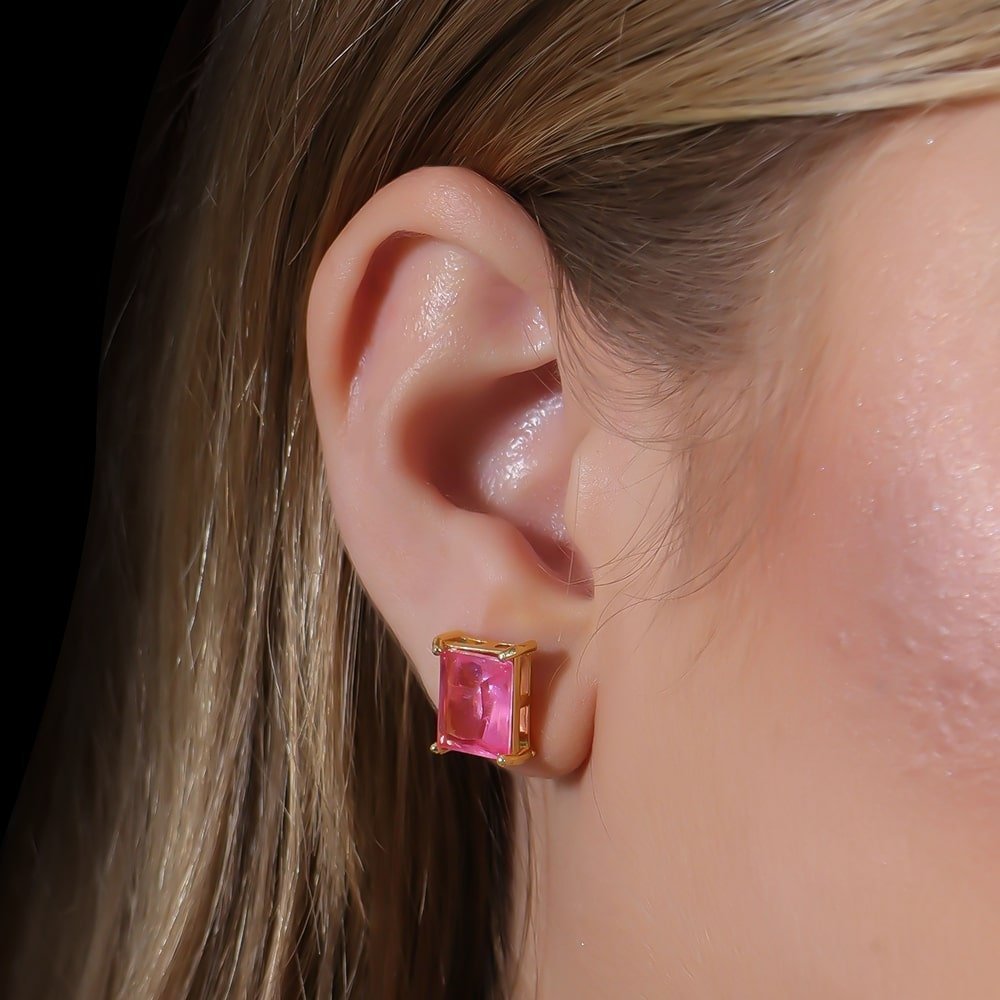Brinco Dourado de Pedra Retangular Rosa - Galeria